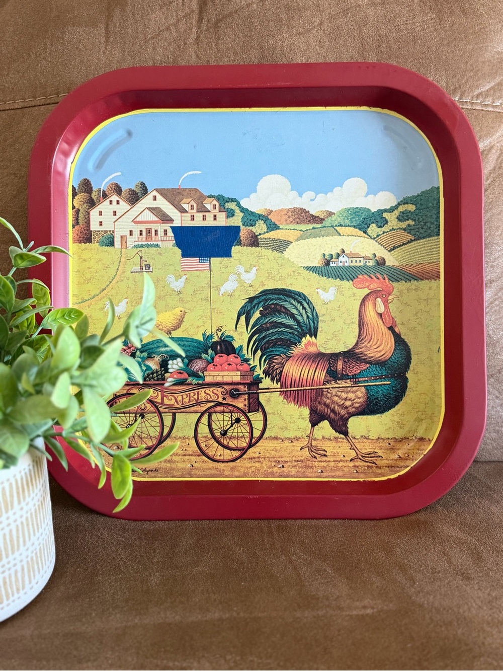 Rooster Farm Scene Decorative Red Tin Tray Vintage Piece